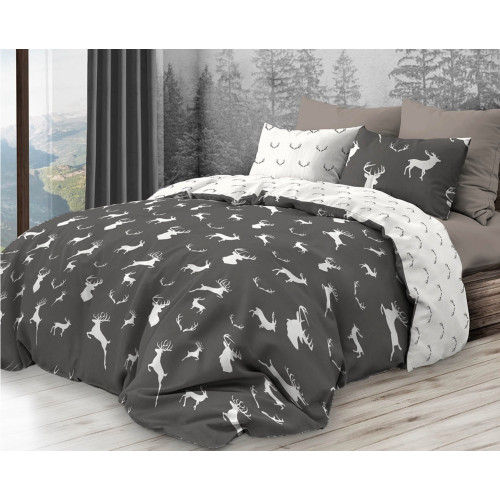 Copripiumino Stile Rustico Contemporaneo con Cervi Bianchi su Sfondo Grigio | Matrimoniale 255x200 cm | Cotone Double Face