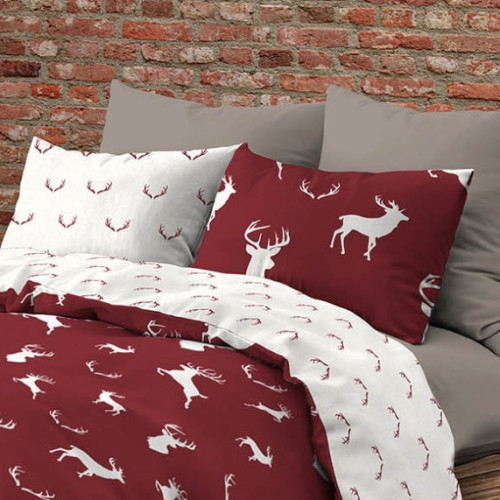 Copripiumino Double Face Cotone con Cervi Bianchi su Sfondo Bordeaux | Matrimoniale 255x200 cm | Stile Rustico Contemporaneo