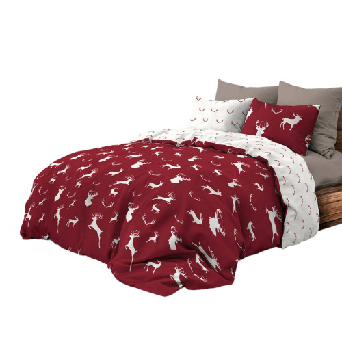 Funda nórdica de algodón de doble cara con ciervo blanco sobre fondo burdeos | Cama doble 255x200 cm | Estilo Rústico Contemporá