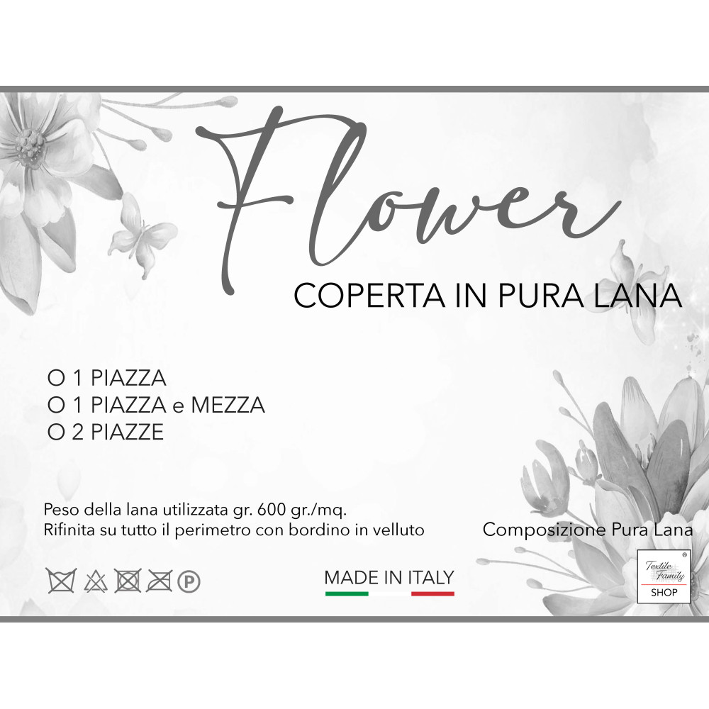 Manta de flores en 100% pura lana suave y cálida con borde de terciopelo - Comodidad y elegancia, diseño clásico - Made in Italy