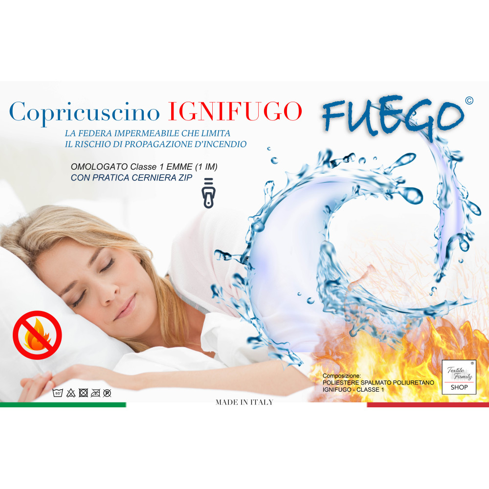 Housse de coussin ignifuge imperméable « FUEGO » Classe 1 avec fermeture éclair, anti-acariens, fabriquée en Italie