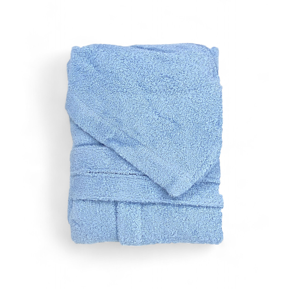 Light Blue Hi Tech Cotton Terry Bathrobe for Boy with Hood, 400 gr/sqm, Tex Family, Made in Italy