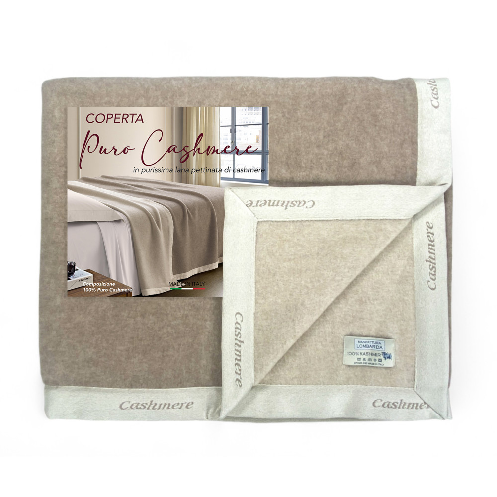 Pure Worsted Cashmere Blanket Made in Italy - Softness and Thermal Comfort, Two-tone Beige Grey Model