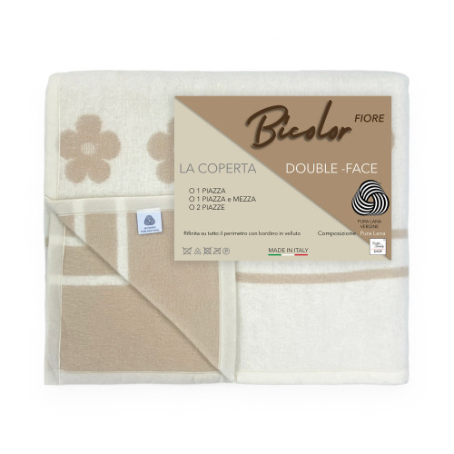 Coperta bicolor Fiore in pura lana vergine marchiata, doppia faccia, nocciola chiaro/scuro, Made in Italy
