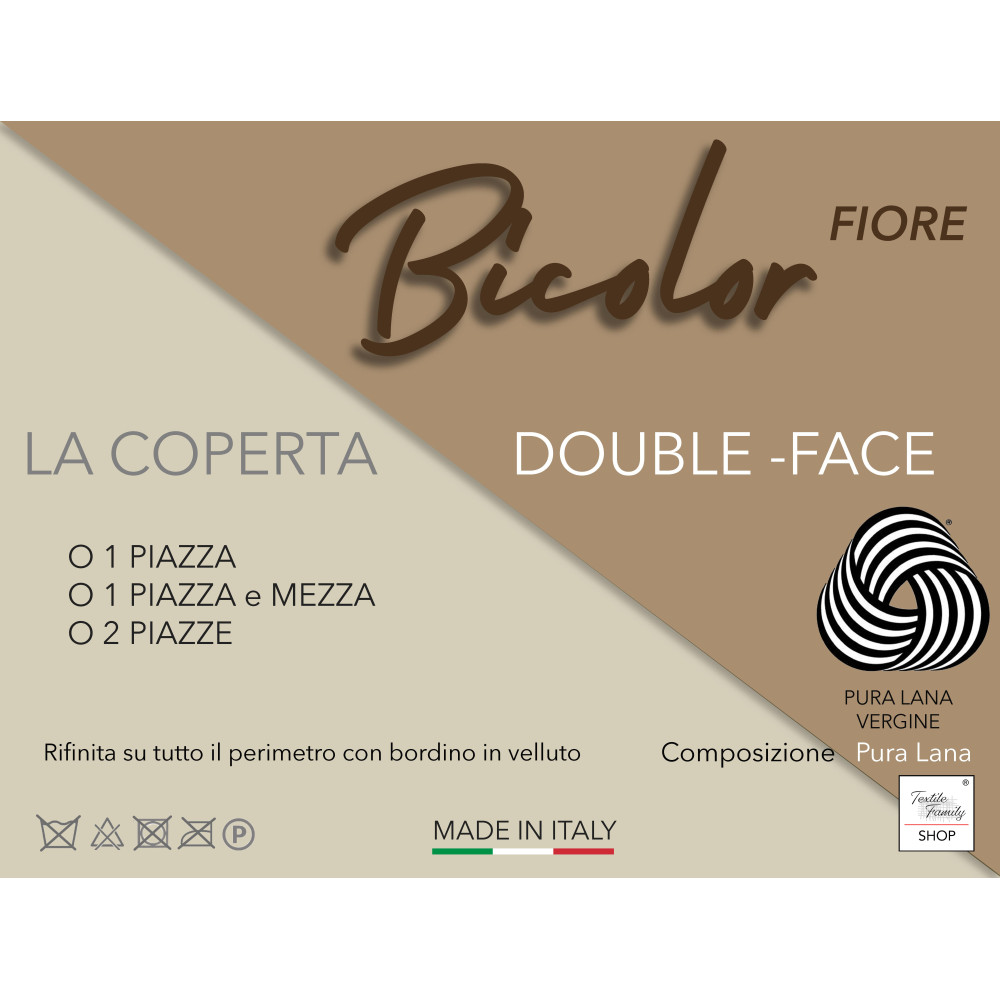 Coperta bicolor Fiore in pura lana vergine marchiata, doppia faccia, nocciola chiaro/scuro, Made in Italy