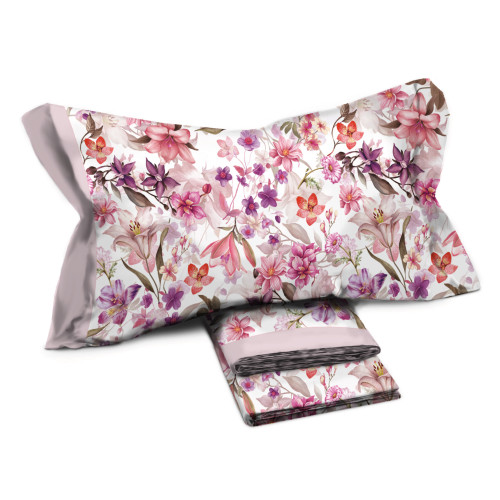 Maxi Pure Cotton Double Bed Set - Floral Design "Giorgia Rosa" Pink Color