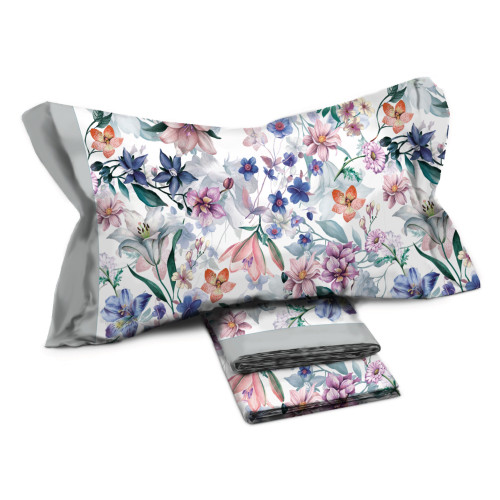 Parure de lit double en pur coton MAXI - Design floral « Giorgia Azzurro » Couleur Bleu clair