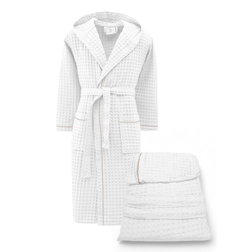 Men's Women's Cotton Bathrobe with Hood, BEEApone® Honeycomb, White Color, Quick Drying, Soft