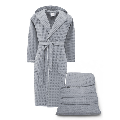 Albornoz de Baño de Algodón para Mujer con Capucha, BEEApone® Honeycomb, Color Gris Claro, Secado Rápido, Suave