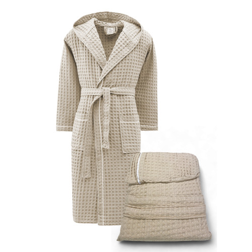 Peignoir en coton pour homme et femme avec capuche, nid d’abeille BEEApone®, couleur beige, séchage rapide, doux