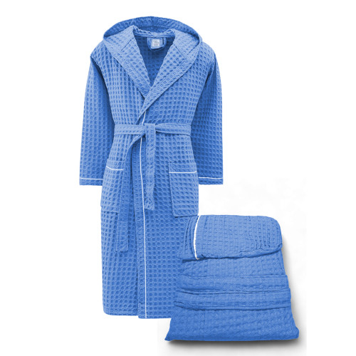 Men's Women's Cotton Bathrobe with Hood, BEEApone® Honeycomb, Light Blue, Quick Drying, Soft