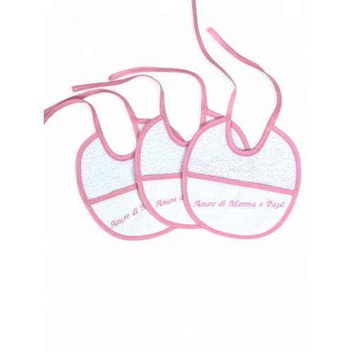 Set of 3 Embroidered Baby Bibs "Amore di Mamma e Papà", 100% Hypoallergenic Cotton, Made in Italy, Elegant Edging, 18x18 cm