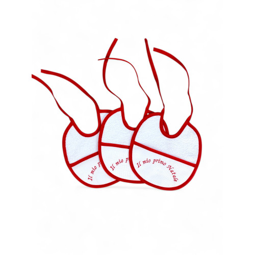 Set de 3 baberos bordados rojos "My First Christmas", 100% algodón hipoalergénico, Made in Italy, ribete elegante, 18x18cm