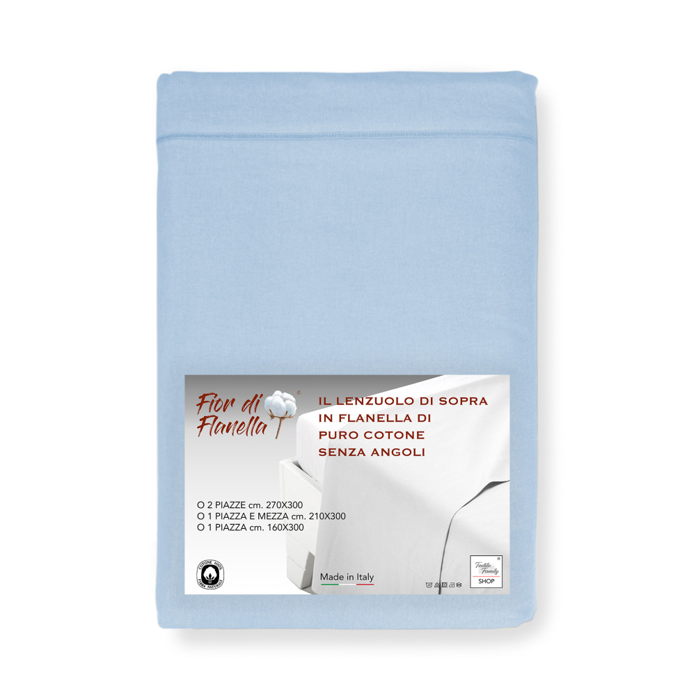Fitted flannel top sheet light blue - Pure soft cotton | Made in Italy | For Maxi and Oversized Mattresses