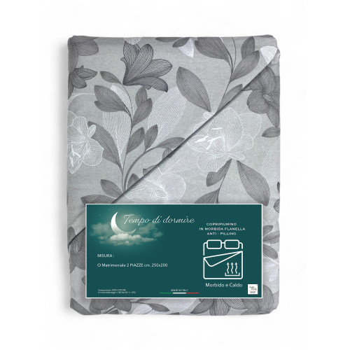 Funda Nórdica Doble Franela 250x200 cm "Sleeping Time" - Grey Flower | Suave, cálido y fabricado en Italia