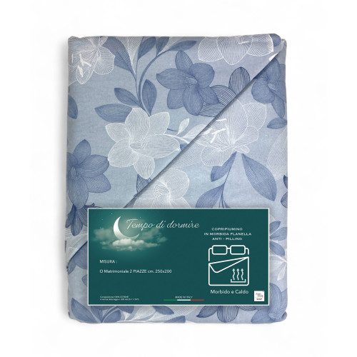 Funda Nórdica Doble Franela 250x200 cm "Sleeping Time" - Flor Azul | Suave, cálido y fabricado en Italia