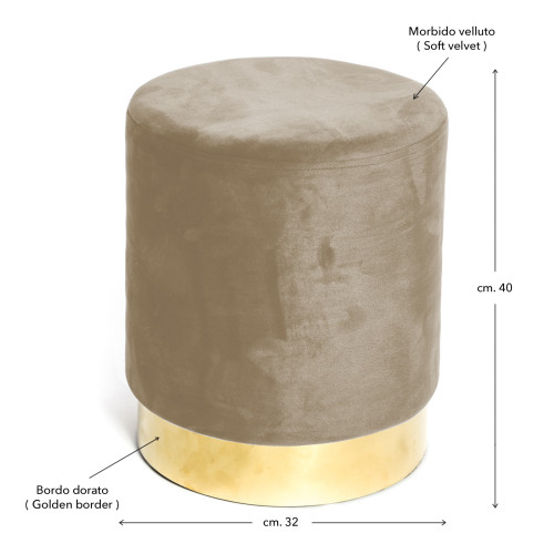 Pouf Poggiapiedi Velvet in Velluto Tortora con Base Dorata | Design Elegante, Ø32xH40 cm, Morbido, Resistente fino a 150 kg