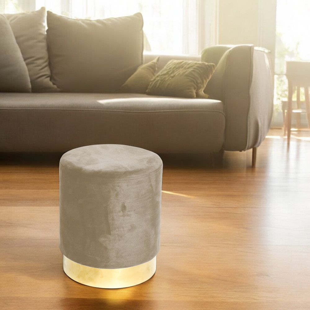Pouf Poggiapiedi Velvet in Velluto Tortora con Base Dorata | Design Elegante, Ø32xH40 cm, Morbido, Resistente fino a 150 kg