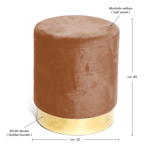 Pouf Poggiapiedi Velvet in Velluto Ruggine con Base Dorata | Design Elegante, Ø32xH40 cm, Morbido, Resistente fino a 150 kg