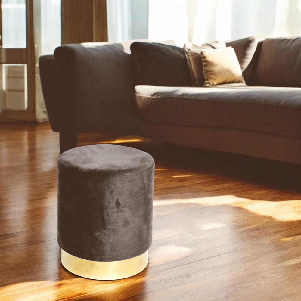 Puf Reposapiés de terciopelo en terciopelo marrón con base dorada | Diseño elegante, Ø32xH40 cm, Suave, Resistente hasta 150 kg