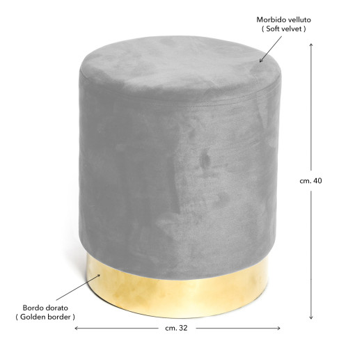 Pouf en velours gris clair avec base dorée | Design élégant, Ø32xH40 cm, Résistant jusqu’à 150 kg