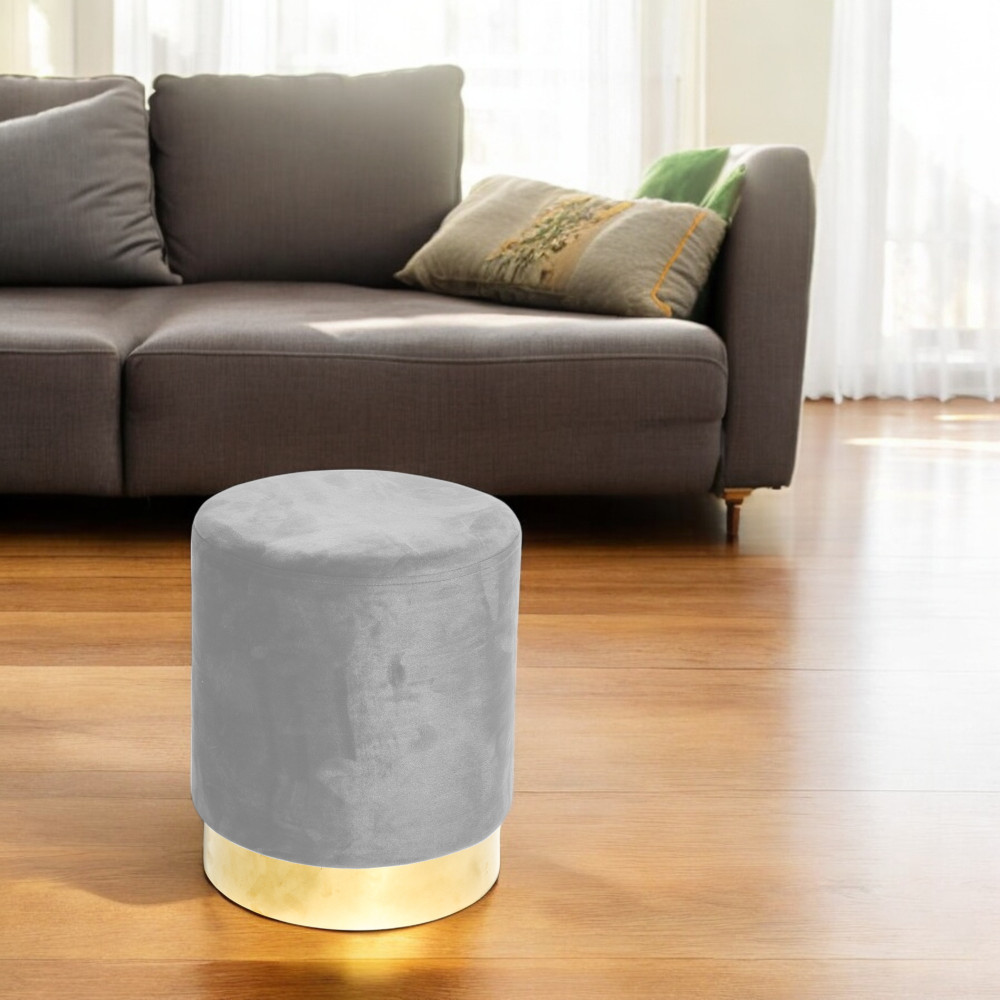 Puf Reposapiés de terciopelo en terciopelo gris claro con base dorada | Diseño elegante, Ø32xH40 cm, Resistente hasta 150 kg