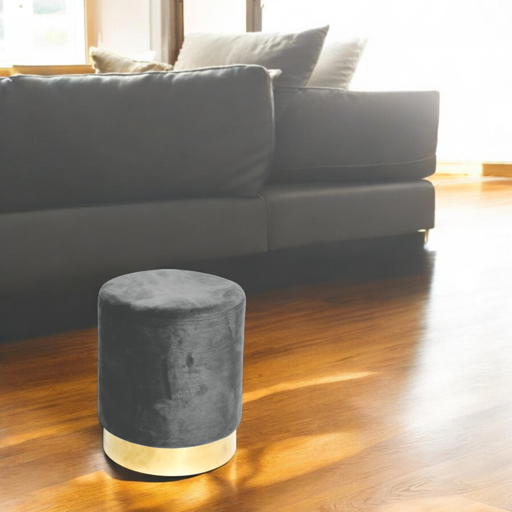 Velvet Footstool Pouf in Dark Grey Velvet with Golden Base | Elegant Design, Ø32xH40 cm, Soft, Resistant up to 150 kg
