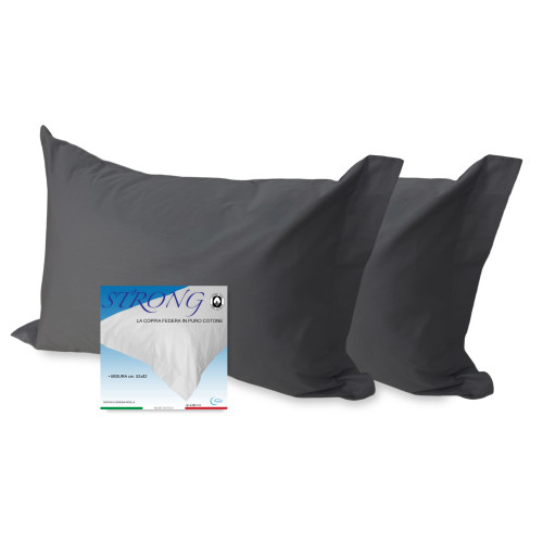 Par de Fundas de Almohada Fuertes Color Liso Gris Plomo, 100% Algodón, Lavable, Made in Italy, 52x82 cm