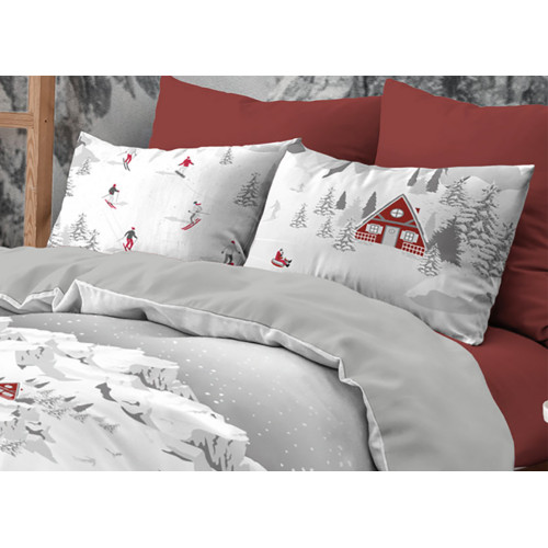 Montebianco Tyrolean Duvet Cover 100% Cotton - Double Face, Alpine Pattern with Skiers and Chalets, Soft and Breathable