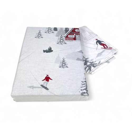 Funda Nórdica Tirolesa Montebianco 100% Algodón - Doble Cara, Patrón Alpino con Esquiadores y Chalets, Suave y Transpirable