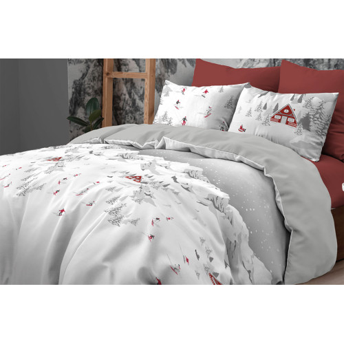 Montebianco Tyrolean Duvet Cover 100% Cotton - Double Face, Alpine Pattern with Skiers and Chalets, Soft and Breathable