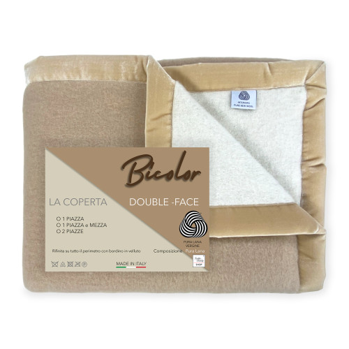 TWO-TONE BLANKET in genuine pure virgin WOOL soft and warm Beige