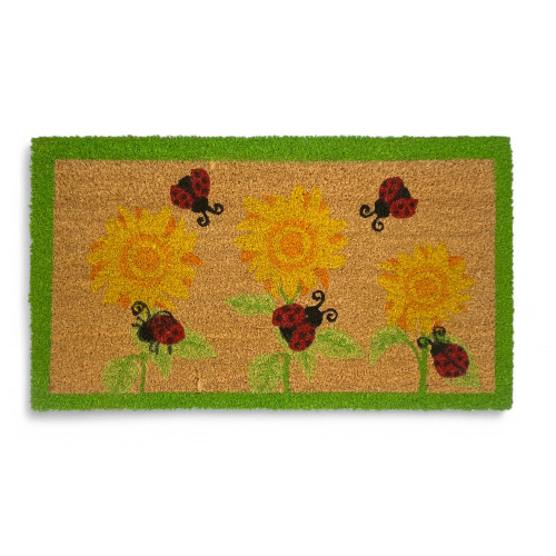 Tappeto Ingresso Esterno in Cocco - Zerbino Antiscivolo con Coccinelle e Girasoli - 40x70 cm