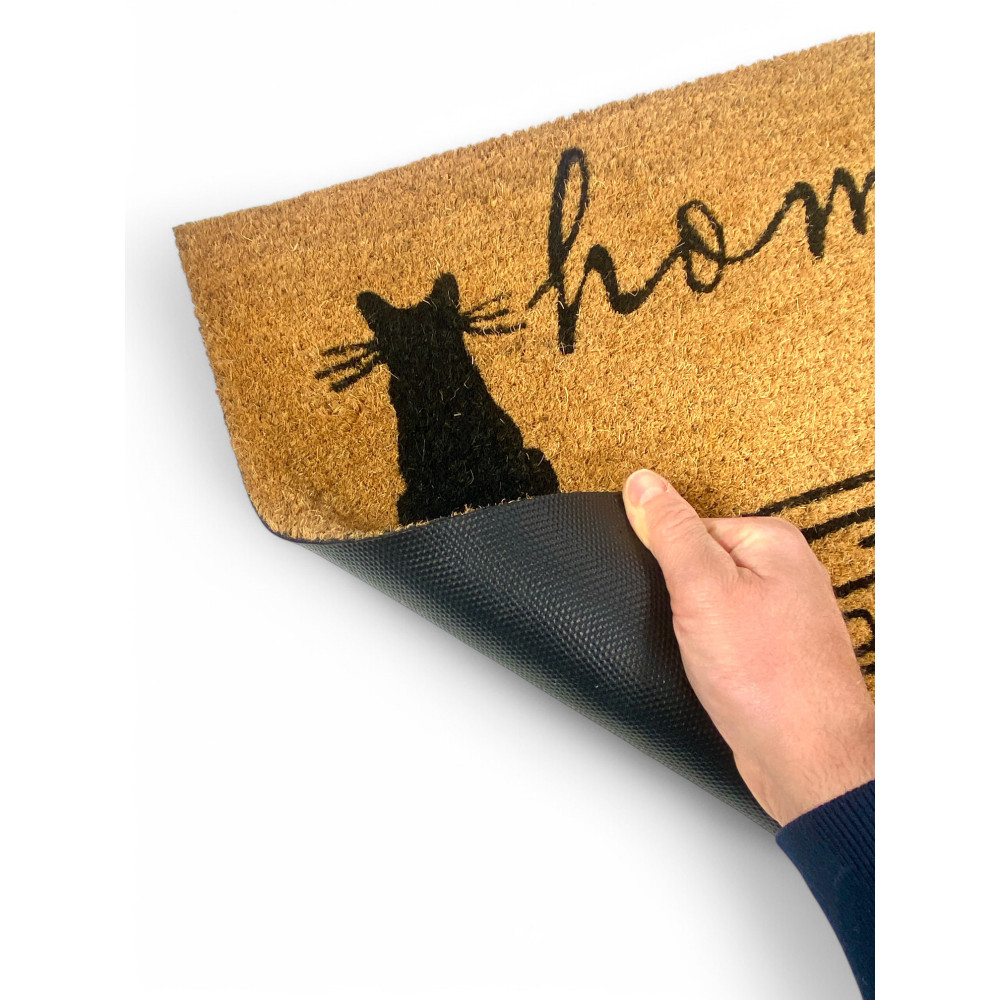 Tapis d’entrée d’extérieur en noix de coco - Paillasson de maison antidérapant avec chats stylisés - 40x70 cm