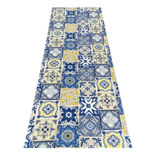 Tappeto Cucina Runner Antiscivolo - Passatoia Lavabile, Fantasia Maiolica Blu e Giallo, Design Moderno - Made in Italy