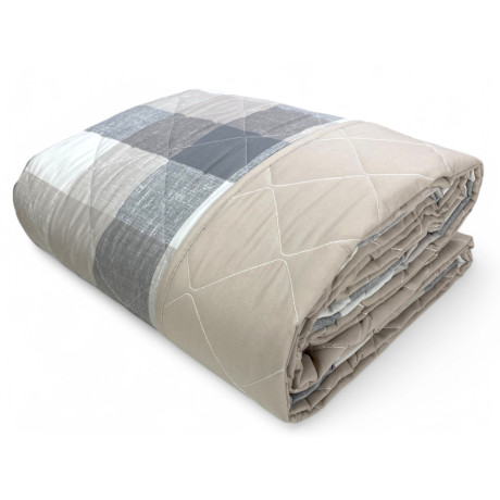 Beige Schottische Steppdecke – Kariertes Design mit Beige-, Grau- und Weißtönen