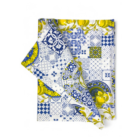 Runde Tischdecke 180 cm - Blaue Majolika und gelbes Zitronenmotiv, ideal für raffinierte Umgebungen.