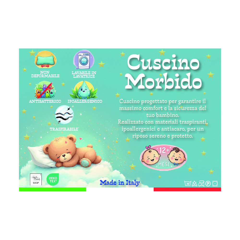 Cuscino Lettino Bambino 40x60 cm, Traspirante, Anallergico, Antiacaro, Cotone 100% Made in Italy, Morbido e Sicuro per Neonati