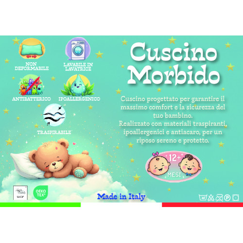 Cuscino Lettino Bambino 40x60 cm, Traspirante, Anallergico, Antiacaro, Cotone 100% Made in Italy, Morbido e Sicuro per Neonati