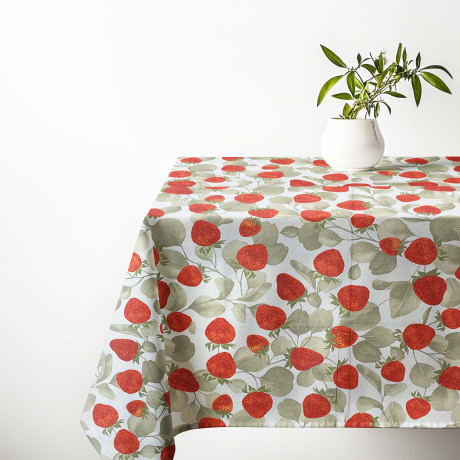 Nappe lavable en pur coton – Motif fraise rouge sur fond blanc