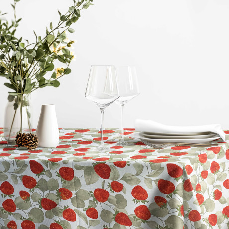 Nappe lavable en pur coton – Motif fraise rouge sur fond blanc