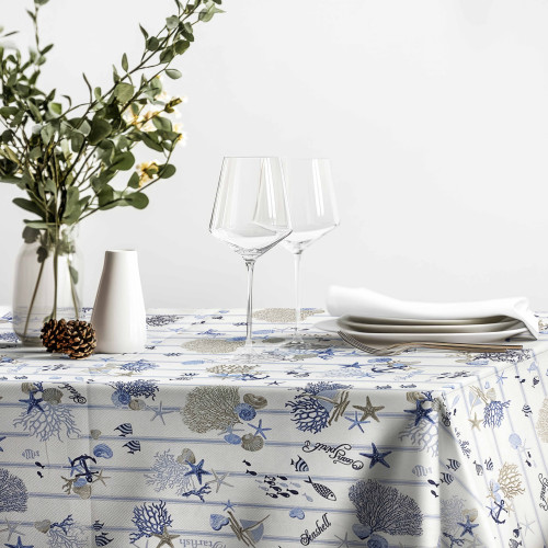 Washable tablecloth in pure cotton – Nautical motif with blue stripes and marine details