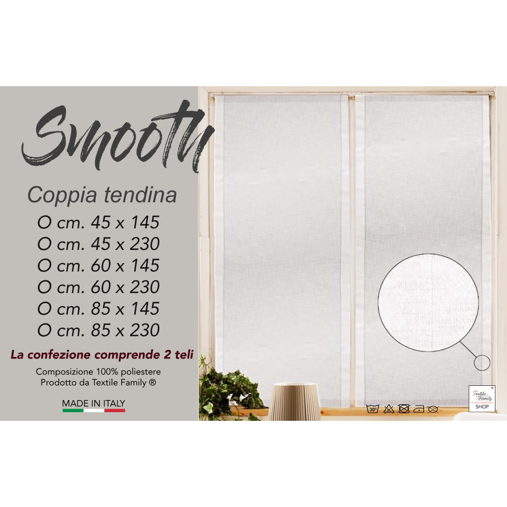 Tendina Smooth Bianco in Poliestere Liscia Tinta Unita, Confezione da 2 Teli, Semitrasparente, Made in Italy