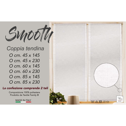 Smooth White Curtain in Plain-Color Smooth Polyester, Pack of 2 Sheets, Semi-transparent, Made in Italy