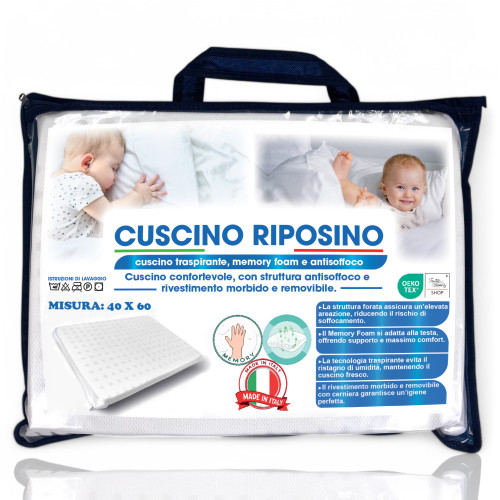 Baby Memory Foam Nap Kissen 40x60 cm - Atmungsaktiv, Erstickungsschutz, abnehmbarer Bezug - Made in Italy