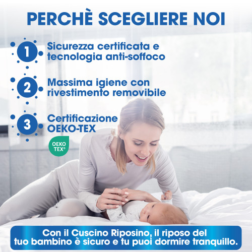 Almohada de siesta de espuma viscoelástica para bebés 40x60 cm - Transpirable, Anti-asfixia, Funda extraíble - Made in Italy