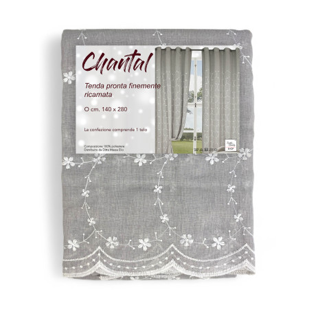 Tenda Chantal grigia 140x280 cm con fiori bianchi ricamati e occhielli in acciaio.