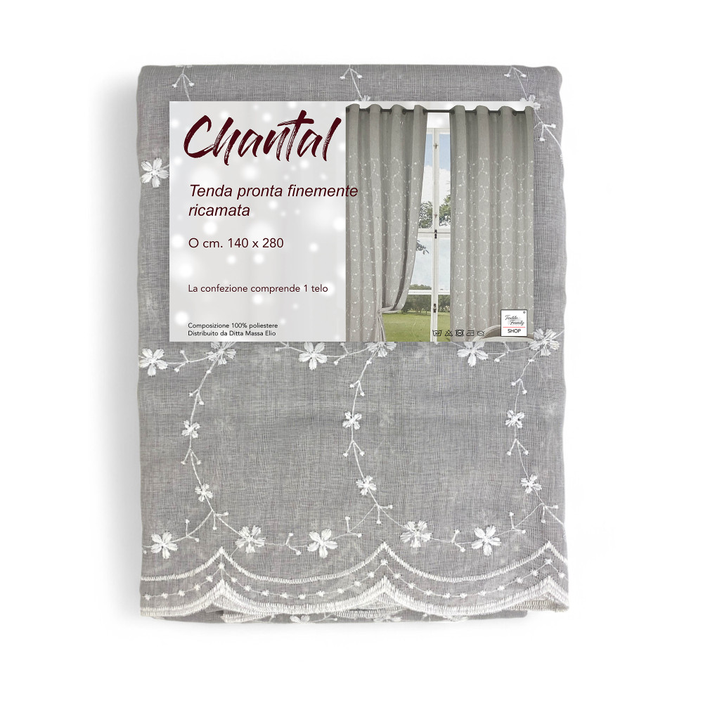 Chantal grey curtain 140x280 cm with embroidered white flowers and steel eyelets.