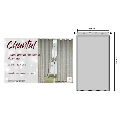 Chantal grey curtain 140x280 cm with embroidered white flowers and steel eyelets.