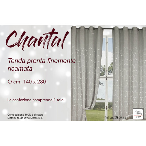 Rideau brodé gris Chantal à fleurs blanches - Polyester semi-transparent 140x280 cm - Avec anneaux en acier